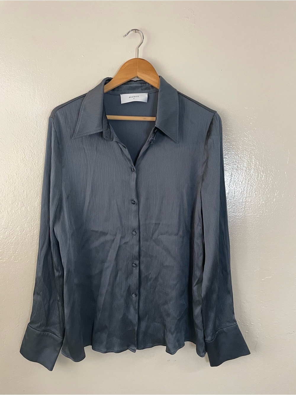 Beatrice b. Textured Satin silk blend Button-Up Long Sleeve Blouse — Charcoal